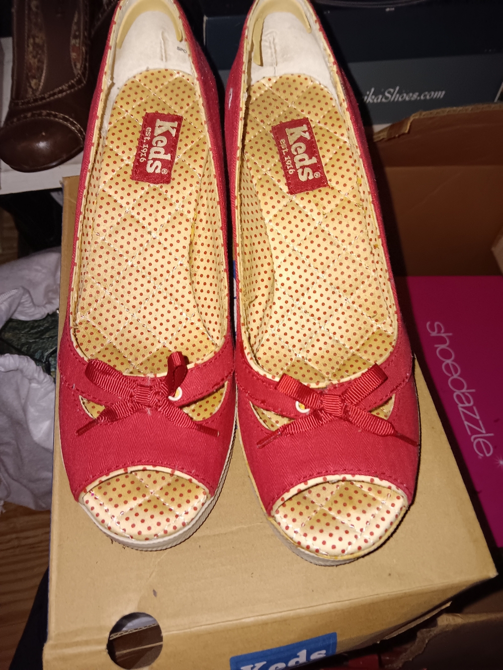 Keds Red Canvas Peep-Toe Wedges with Bow Accent